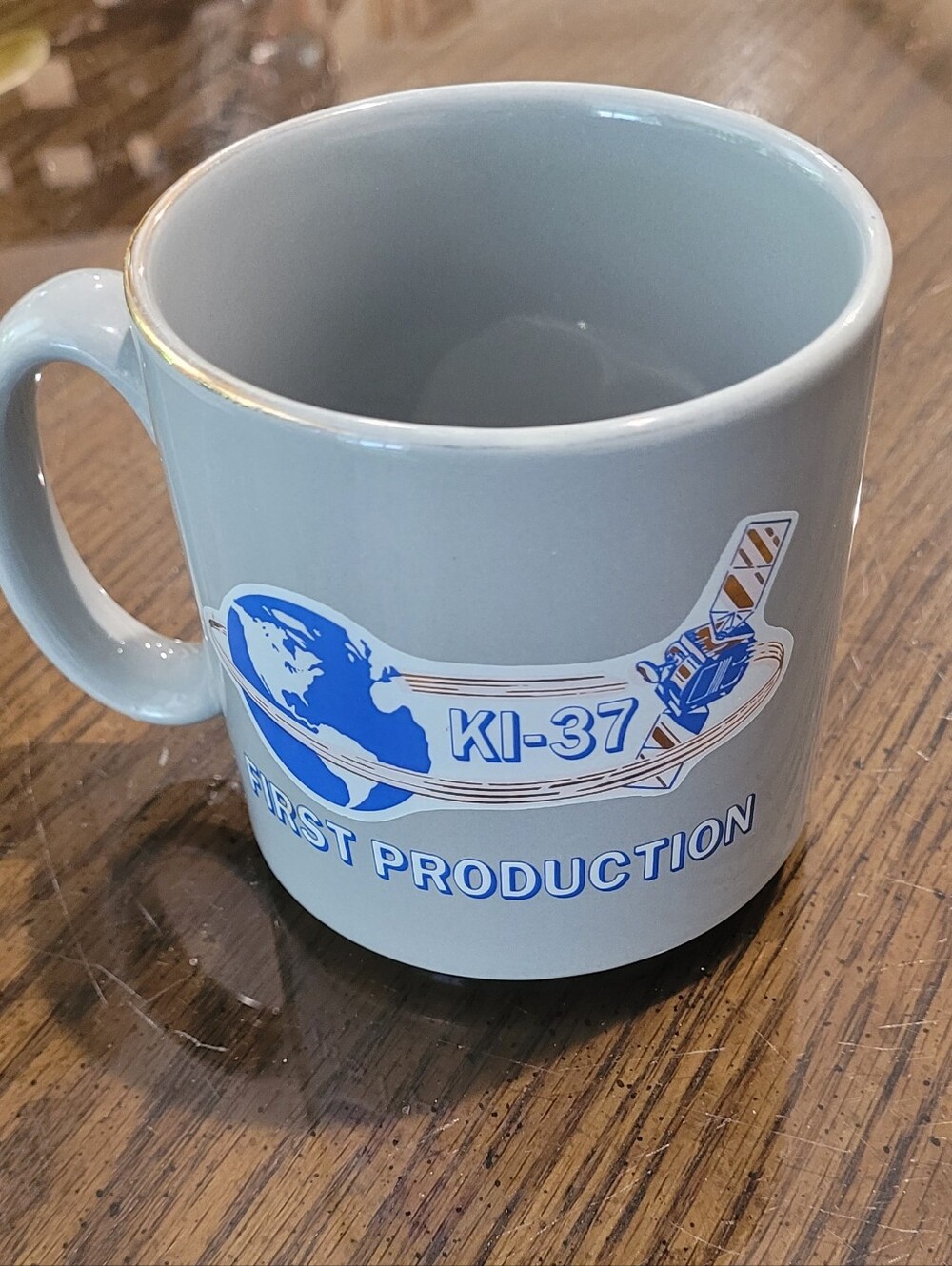 KI-37 First Production Logo Mug - Light Gray with Blue Print